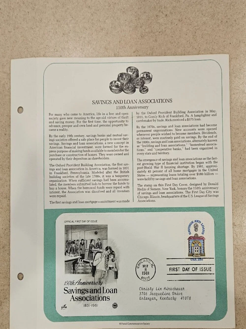 RARE COLLECTIBLE USPS 1ST DAY ISSUE COVER SAVINGS & LOAN ASSOCIATIONS 150 STAMP